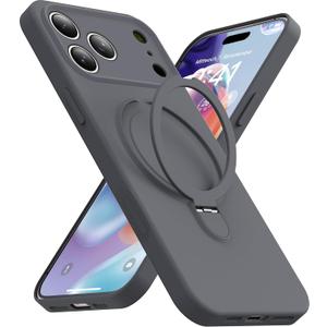 Magnetic Stand for iPhone 17 Pro Max Case, Liquid Silicone, [Compatible with MagSafe][Built-in Kickstand&Ring Holder] Anti-Scratch Soft Microfiber Lining, Gray