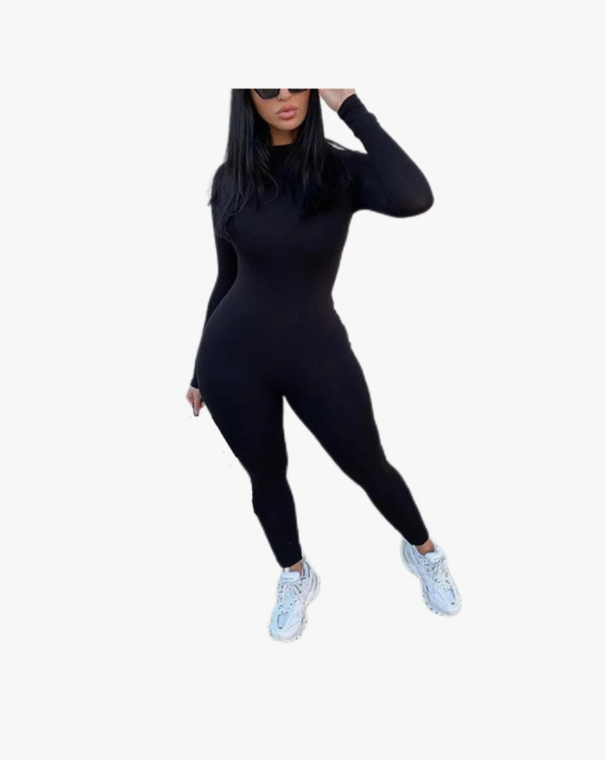ECHOINE Long Sleeve Jumpsuit For Women Sexy Round Neck Back Zipper Bodycon Long Romper Clubwear S