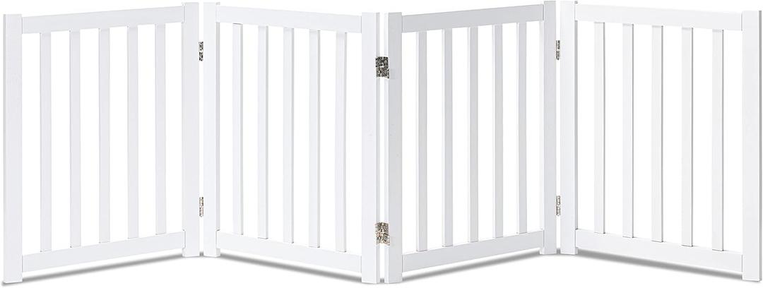 LZRS Wooden Free Standing Dog Gate 80" W x 24" H, Foldable Solid Hardwood Pet Safety Fence for House Doorways, Stairs, Hallways, Step-Over Pet Barrier, No Drill Easy Setup, White