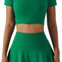 2 Piece Tennis Dress for Women High Waist Pleated Tennis Skirt with Shorts Short Sleeve Crop Golf Workout Skirts Sets (Green, XL)