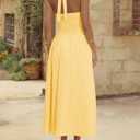 Wenrine Womens Halter V Neck Corset Maxi Dresses Summer Plaid Smocked Tie Back Backless Wedding Guest Drop Waist Dress (Yellow, L)