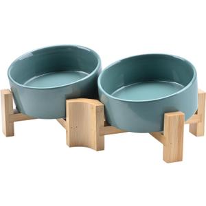 SPUNKYJUNKY 15 Slanted Ceramic Dog and Cat Bowl with Wooden Stand, Tilted Bulldog Food and Water Bowl No Slip Non-Spill for Cats Medium Dogs Big Face Pets 13.5 OZ (1.7 Cups, Light Green  2)