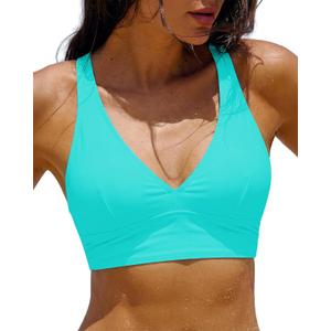 GRAPENT Bikini Top for Women V Neck Ruched Criss Cross Padded Beach Vacation Bathing Suit Modest Cute Swim Suit Top Only, M