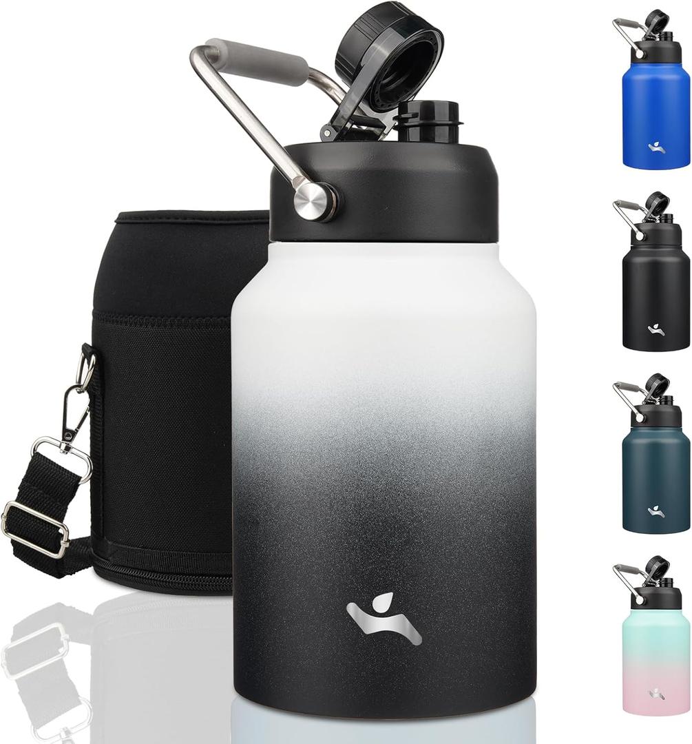 Konokyo Half Gallon Jug with Handle,64 oz Insulated Water Bottle with Carrying Pouch,Double Wall Vacuum Stainless Steel Metal Bottle,Day Night