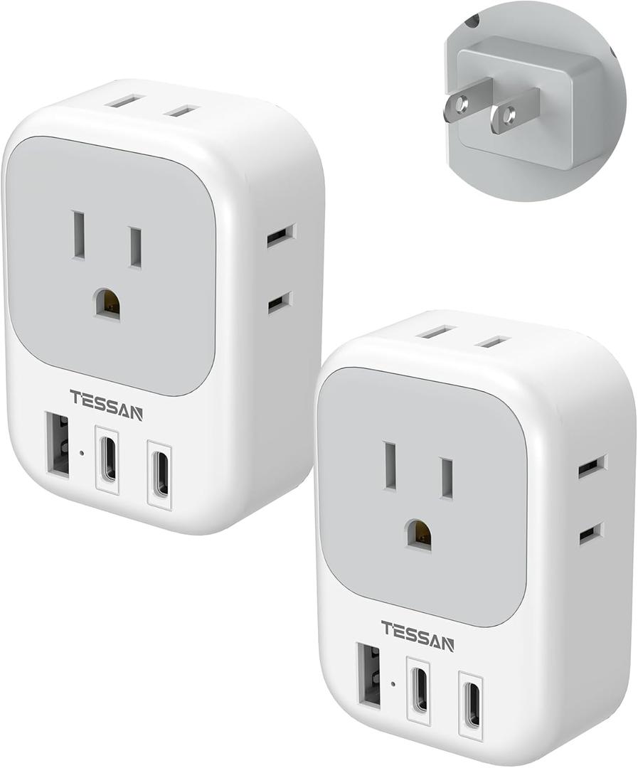 TESSAN US to Japan Plug Adapter 2 Pack,2 Prong to 3 Prong Outlet Adapter with 4 Outlets and 3 USB (2 USB-C), Power Adaptor US to Japan China Mexico Philippines Canada Peru Thailand Vietnam (Grey-white-Type A)