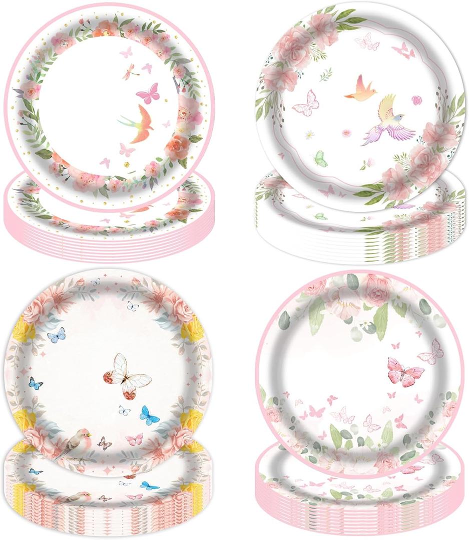 2 x Wildflower Paper Plates 7 Inch 48 Pack, Floral Disposable Plates with Butterfly Bird Design, Garden Party Decorations Spring Paper Plates for Baby Shower Bridal Shower Tea Party Supplies
