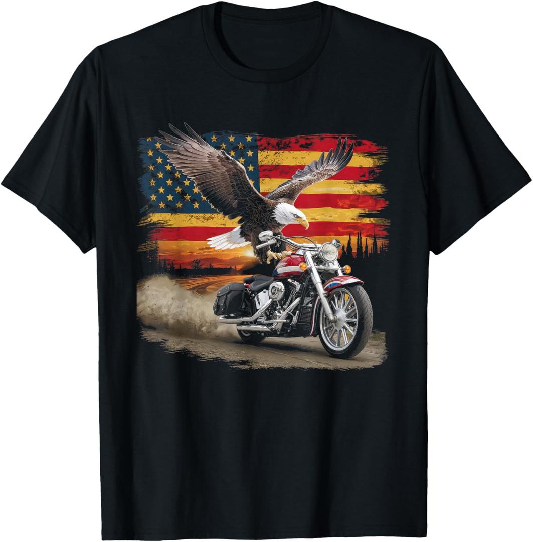 American Flag Motorcycle Tshirt USA Flag Biker Retro T-Shirt, XL