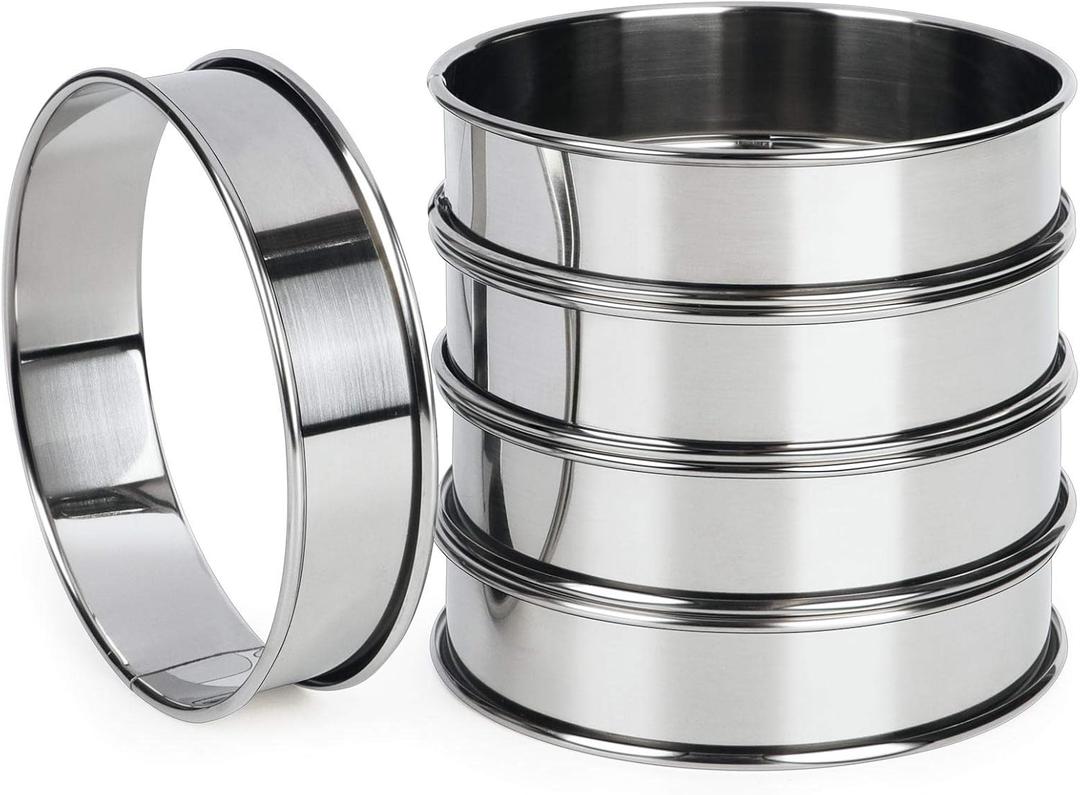 FANGSUN 4 Inch English Muffin Rings, Stainless Steel Crumpet Rings, Tart Rings for Baking, Double Rolled Nonstick Round Cake Ring, Metal Pastry Ring Mold for Dessert Food Making Tool