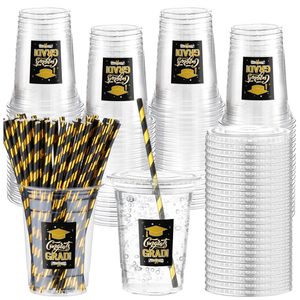 Sliner 50 Set 2026 Graduation Plastic Cup Disposable with Lid and Paper Straw 16 oz Clear Drinking Cup for College High School Grad Party Supplies Decoration Festivities(Gold and Black)