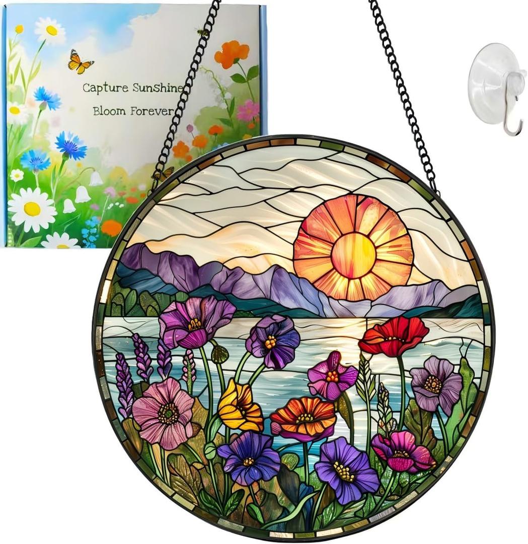 Wildflower Sun Catcher California Poppy Stained Glass Suncatchers 7.87 Inch Wildflower and Sun Stained Glass Ornament for Home Decor Indoor Wall Art for Women Mother Grandmother Friends