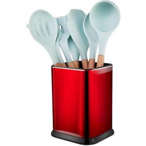 RedCall Stainless Steel Kitchen Utensil Holder for Countertop, Spoon Spatula Organizer,Modern Rectangular Large Cooking Utensil Caddy Counter,Utensil Crock (Stainless Steel Red)