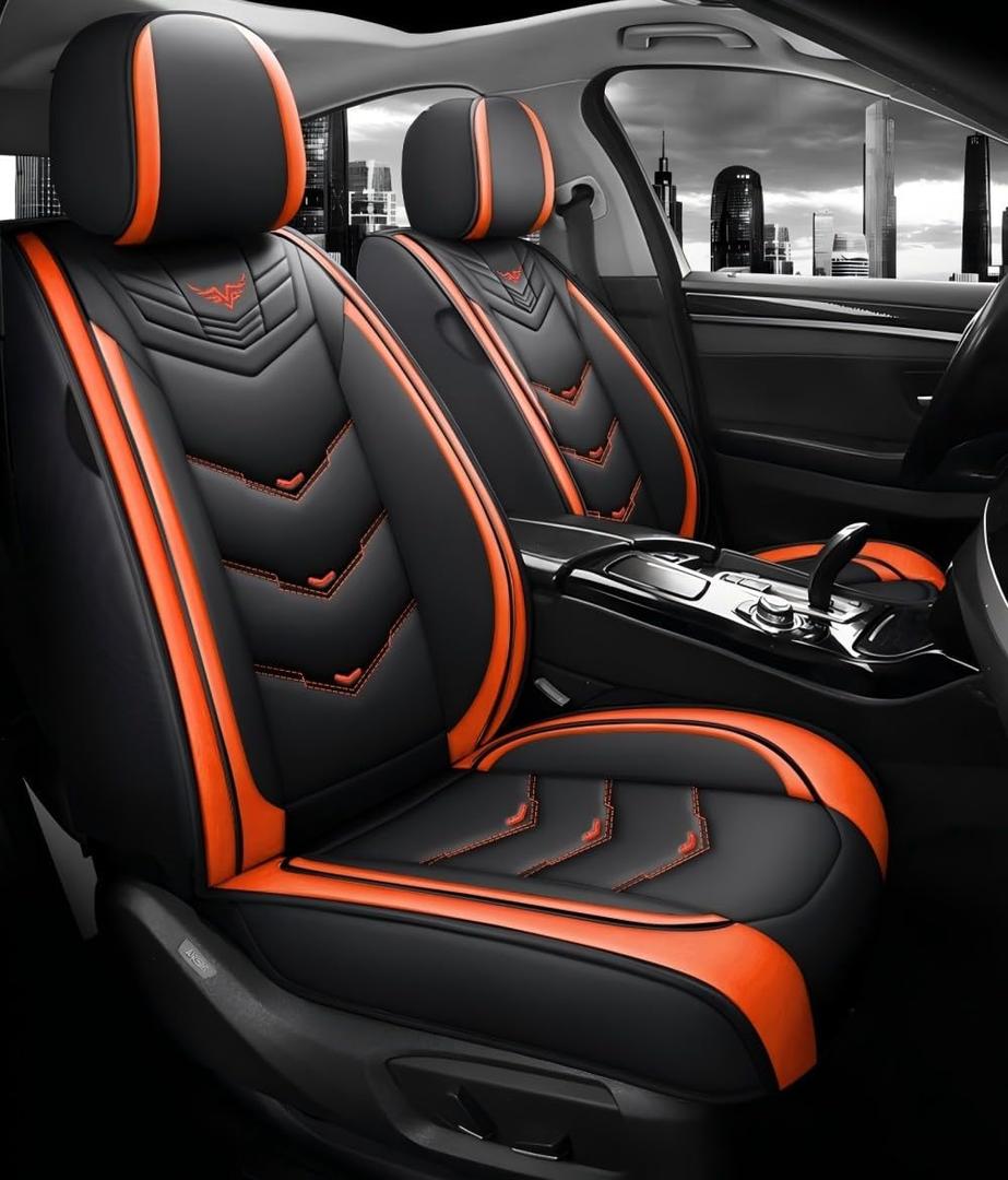 BGYFOU Fashion PU Breathable Leather car seat Cover 5-Seater Universal fit (Black-Orange)