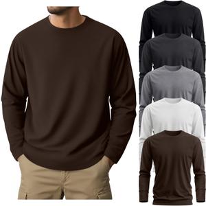 Ficerd 5 Pack Mens Big and Tall Shirts Cotton Long Sleeve Top Loose Casual Basic Shirts Crewneck Oversize Multipack Tee (XX-Large, Brown, Light Gray, Dark Gray, White, Black)