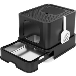 RIZZARI Enclosed Cat Litter Box: Black Covered Pan - Large Stainless Steel Tray with Teflon Non-Stick Coating - High Edges for Leak Protection & Odor Control - Ideal for Restroom or Porch