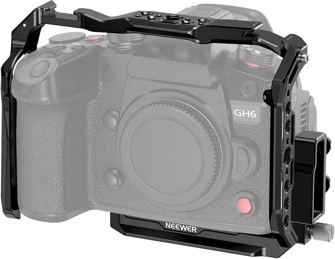 NEEWER Lumix GH6 Camera Cage, Aluminum Video Rig with HDMI Cable Clamp, NATO Rail, 1/4" 3/8" Threads, Cold Shoe, Arca Type QR Baseplate Compatible with Panasonic Lumix GH6 DJI RS3 Pro RSC2 RS2, CA055