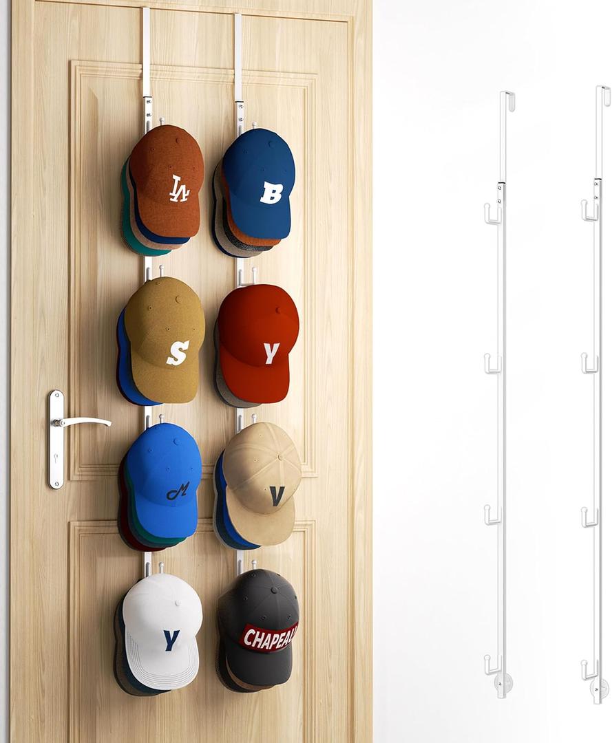 HapiRm Over Door Hat Rack - 2 Packs Hat Organizer with 8 Hooks Design, Hanging Baseball Cap Organizer Storage Holds Up to 40 Caps for Door, Bedroom, Closet (White)