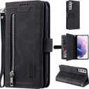 UEEBAI Wallet Case for Samsung Galaxy S21 FE 5G, Retro 9 Card Holder Slots Zipper Pocket PU Leather Handbag Cover Magnetic Closure Kickstand with Wrist Strap TPU Shockproof Flip Case - Black