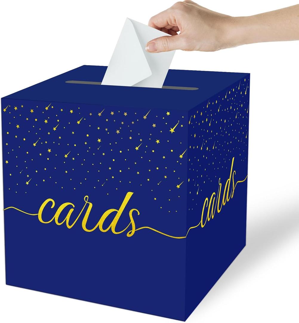 Blue Card BoxDark Blue Wedding Card Box for Graduation Bridal or Baby Showers, Birthday, Retirement, Anniversary Decoration Raffle Ticket, Money Box (Dark Blue and GoldPatternless top)