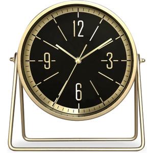 Vintage Metal Desk Clock for Bedroom, with Adjustable Angle Ticking Small Battery Operated Mantel Bedside Clock, Decorative Table Old Fashioned Style Black Decor Adult Kid Gift,Gold/Black