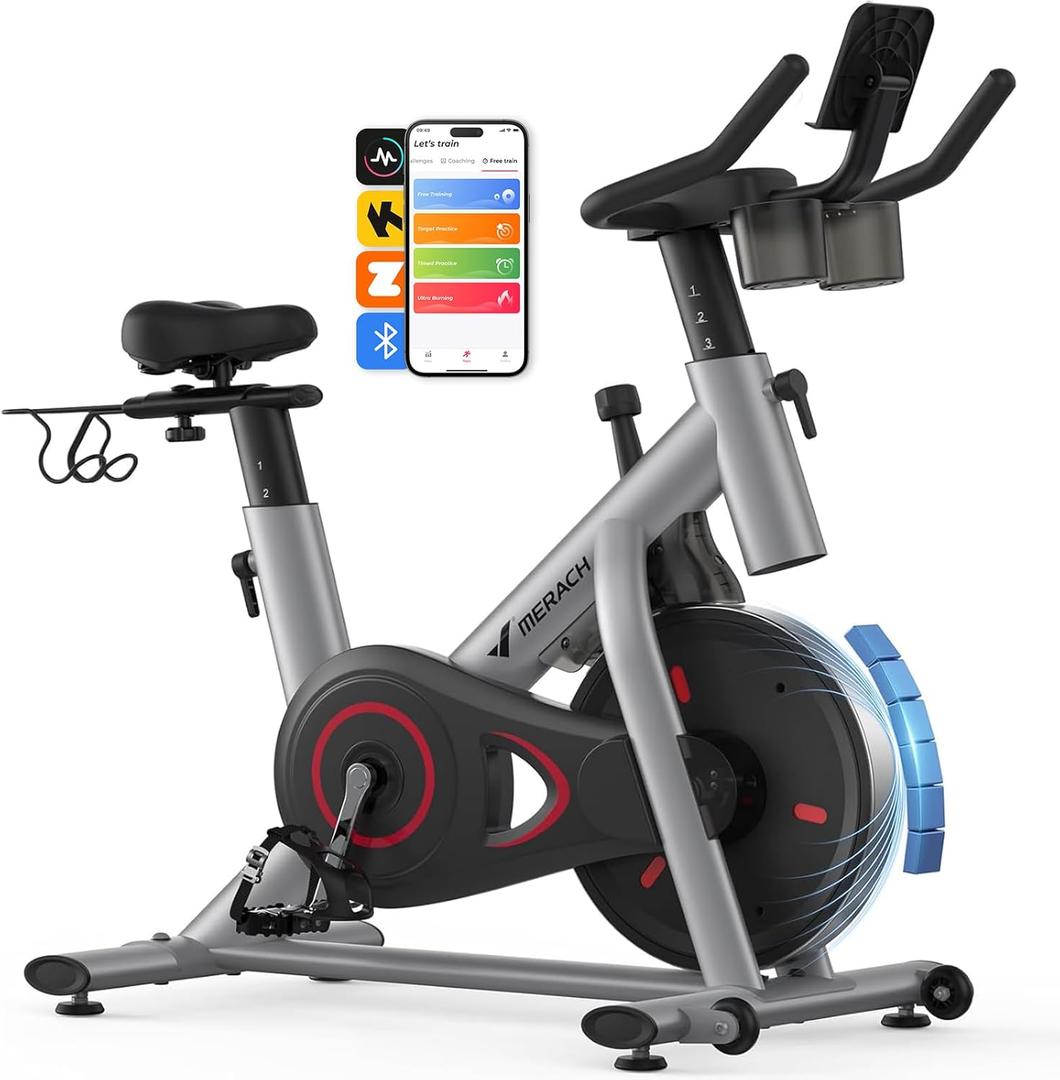 MERACH Exercise Bike, Brake Pad Stationary Bike with Exclusive App, Low Noise Indoor Cycling Bike with 300lbs Weight Capacity, Tablet Mount and Fitness Courses for Weight Loss (Magnetic-Grey)