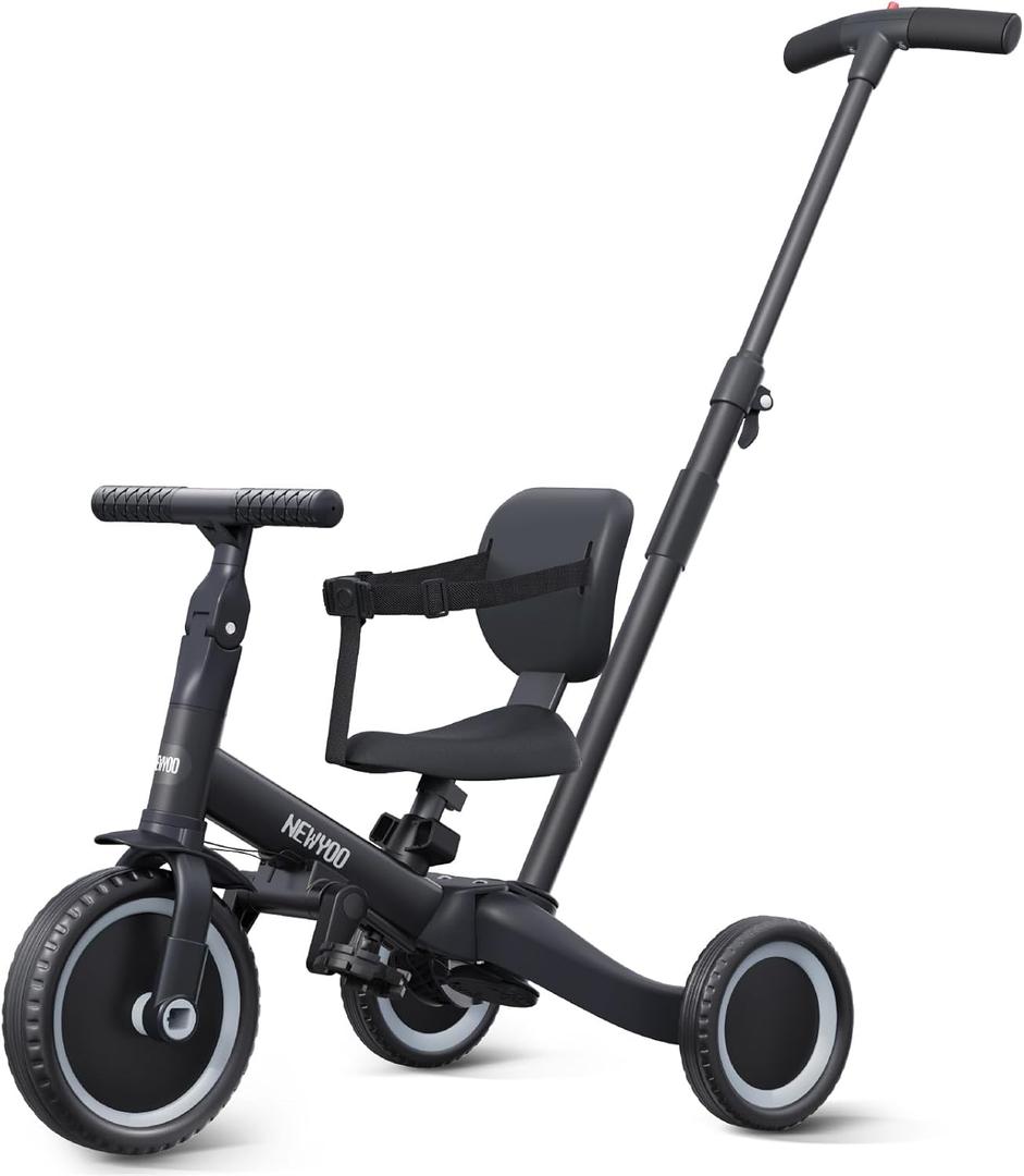 newyoo Toddler Bike, Tricycle w Push Handle for 1-3 Year Old, Birthday Gifts and Toys for Boy's and Girl's Birthday, Convertible 5 in 1 Baby Balance Bike, Kids Outdoor Riding Toys, Black, TR007