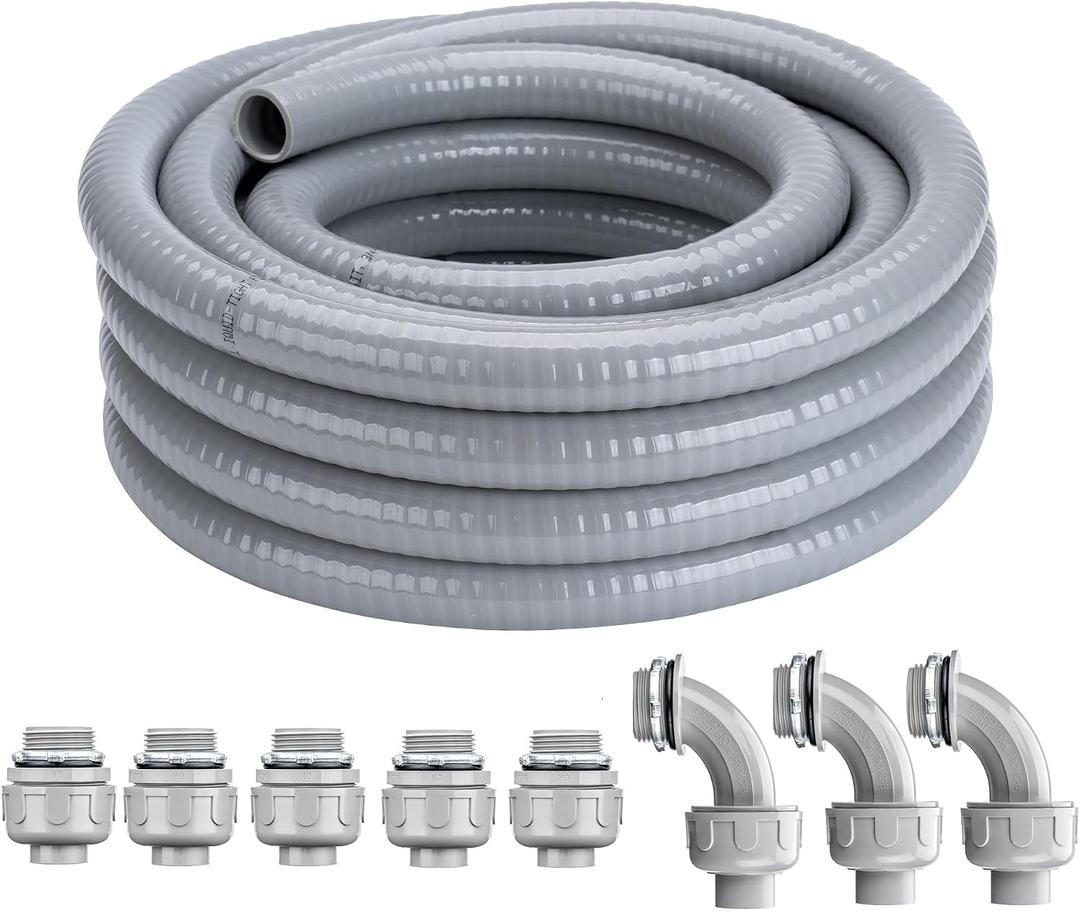 1 Inch 50 FT Liquid-Tight Conduit and Connector Kit Non Metallic Flexible Conduit Electrical Kit - 5 Straight and 3 Angle Fittings Included for Electrical Wiring