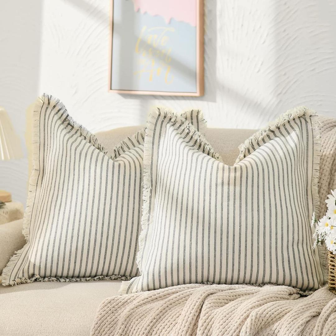 ZWJD Throw Pillow Covers 18x18 Set of 2 Striped Pillow Covers with Fringe Chic Cotton Decorative Pillows Square Cushion Covers for Sofa Couch Bed Living Room Farmhouse Decor (Gray)