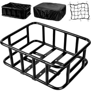 Bike Basket Rear, Large Bicycle Basket with Cargo Net, Liner and Waterproof Cover for Electirc Bike, Ebike and Bikes, Large Capacity Wire Bakset (16.9 x 13 x 5.9")