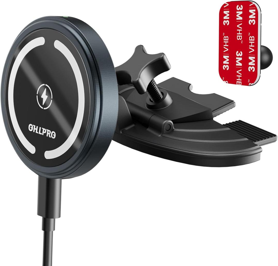OHLPRO 15W Magsafe Car Mount Charger for iPhone 17, Fast Wireless Charging Magnetic CD Slot Holder with 3M Adhesive Base for Dashboard, Aluminum Shell, Compatible with iPhone 16 15 14 Series, Gray