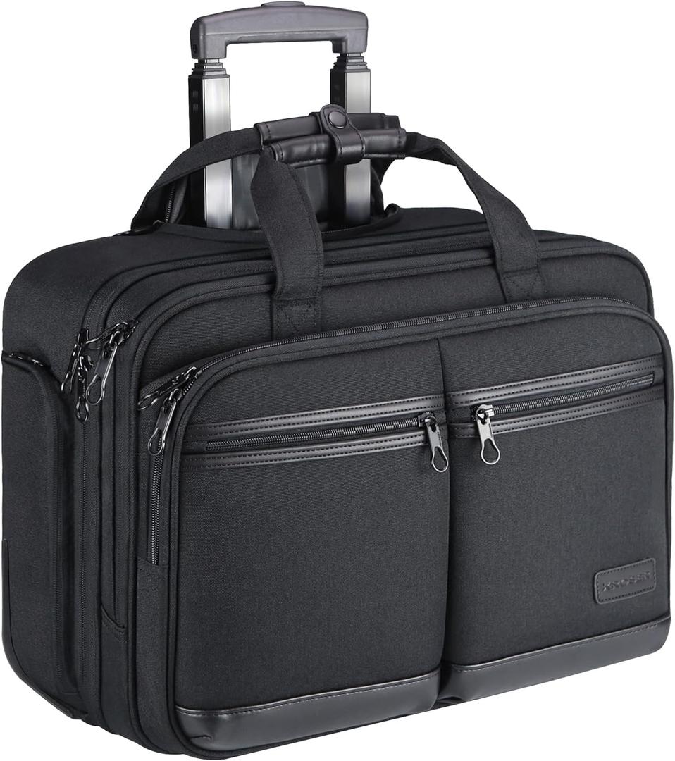 KROSER Rolling Laptop Bag Premium Rolling Briefcase Fits Up to 17.3 Inch Laptop Overnight Computer Bag with RFID Pockets for Travel/Business/Men/Women-Black