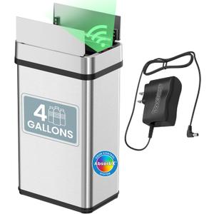 iTouchless 15 Liter / 4 Gallon Stainless Steel Wings Open Lid Sensor Bathroom Trash Can with AC Adapter, Touchless Automatic Operation, Compact Design for Home, Office, Kitchen, Bedroom, Restroom