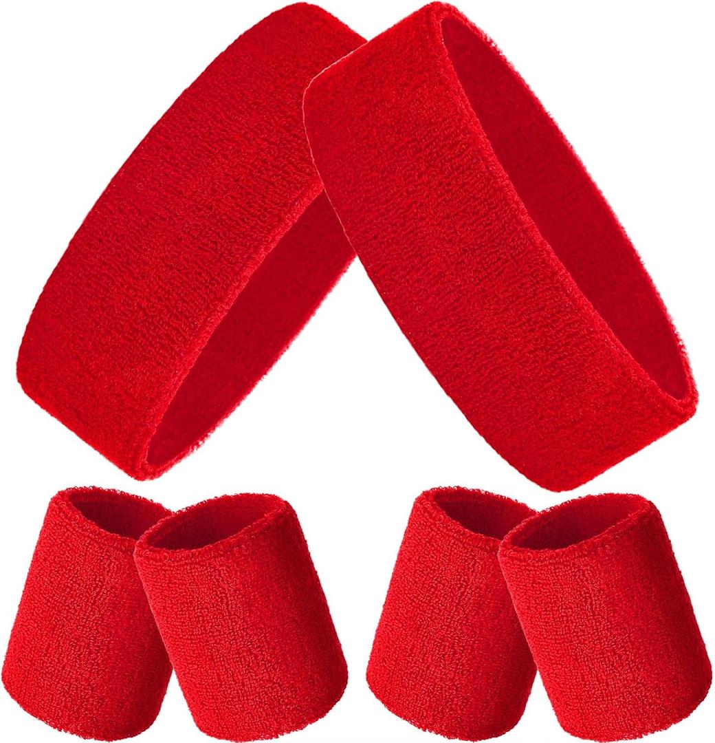 Bememo 6 Pieces Sweatbands Set 2 Sports Headbands and 4 Wristbands Striped Sweat Band for Men Women Colorful Neon Athletic Running Gym Basketball Tennis (Red)