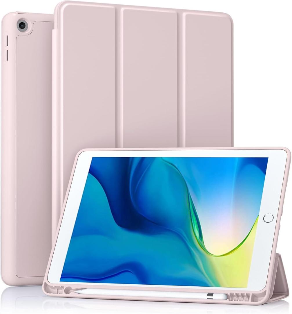 Akkerds Case Compatible with iPad 10.2 Inch 2021/2020/2019, for iPad 9th/8th/7th Generation with Pencil Holder, Protective Cover with Soft TPU Back, Auto Sleep/Wake, Pink