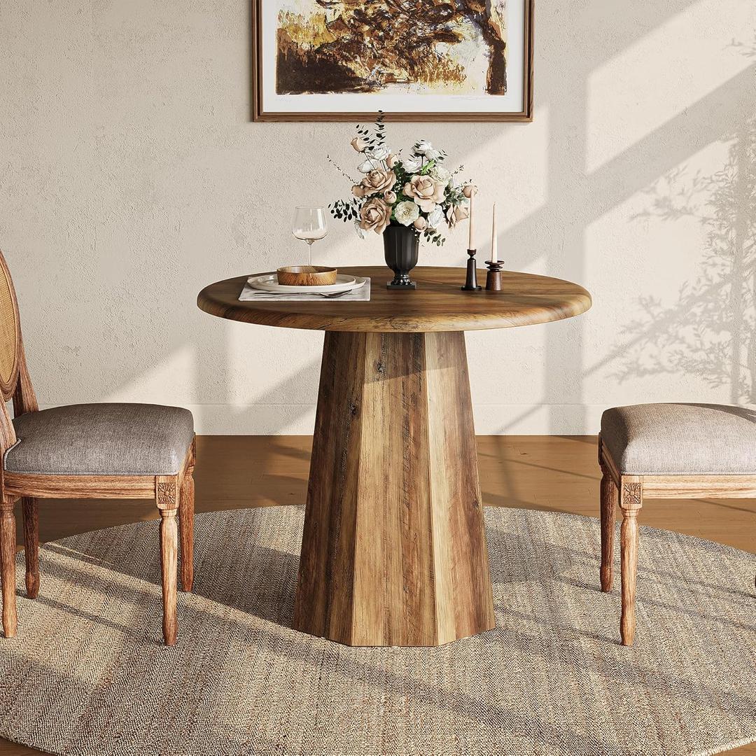 LITTLE TREE 31.5" Round Dining Table for 4, Wood Kitchen Table with Wooden Tabletop and Octagonal Base for Dining Room, Apartments, Office & Restaurants, Deep Brown