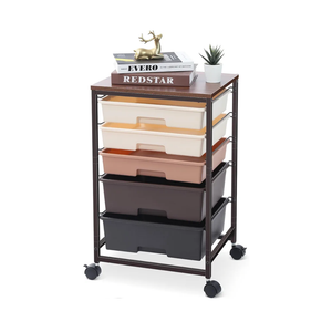 Utility Cart with 5 Drawers,Storage Drawer Cart with Wooden Tabletop and Lockable Wheels,Craft Storage Trolley Cart,5-Tier Rolling Utility Cart on Wheels, Dark Brown