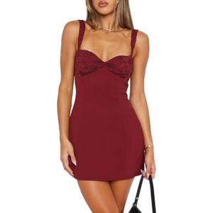 Women's Summer Mini Dresses Sexy Lace Straps Sweetheart Neckline Backless Cocktail Party Bodycon Dress (Medium, Burgundy)