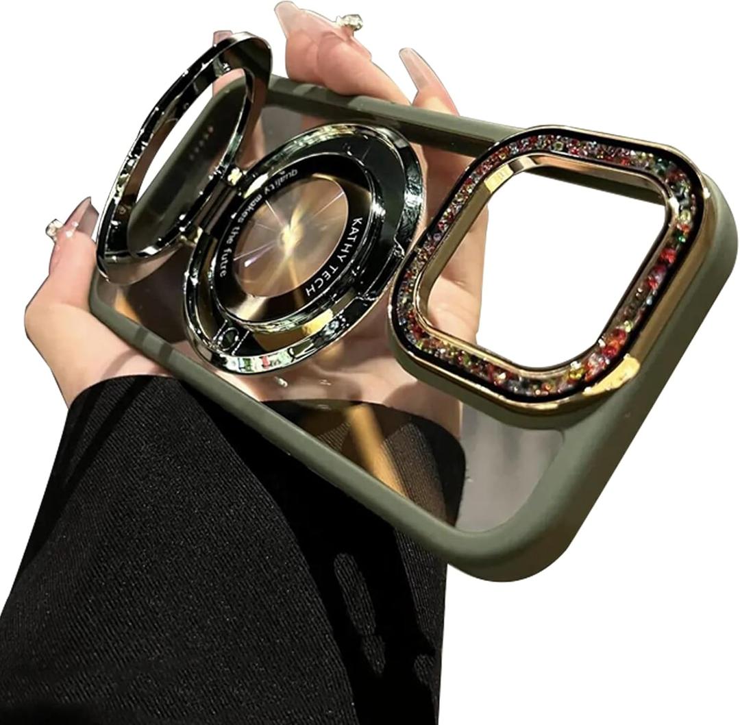 for iPhone 16 Pro Max Colorful Glass Beads,Bling Magnetic Holder Transparent Phone Case,Suitable for Magsafe,Light Luxury and Simplicity,Green