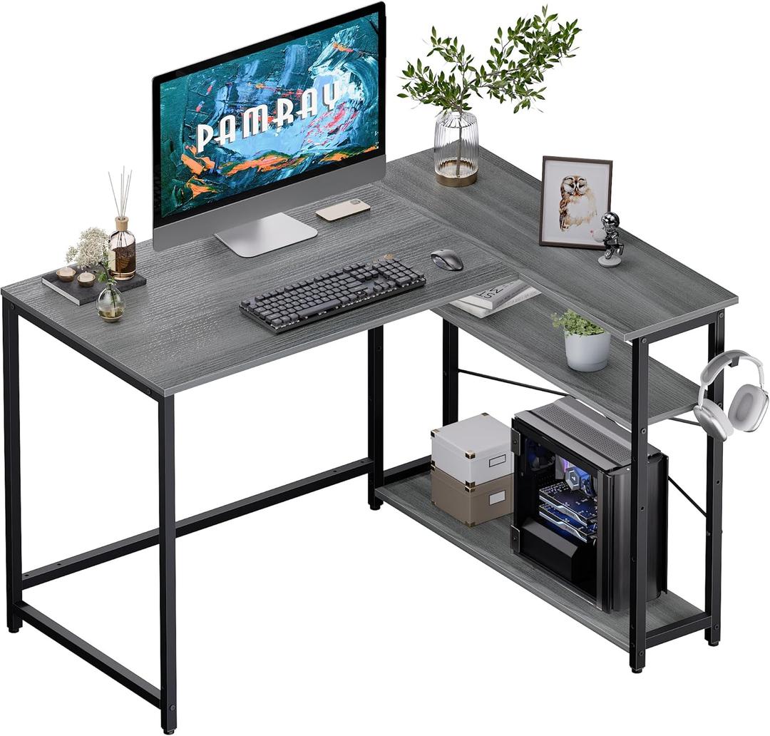 Pamray 43 Inch L Shaped Computer Desk with Reversible Side Storage Shelves, Small Corner Desk for Small Space Home Office,Writing Study Table PC Desk for Bedroom,Espresso Gray (Grey)