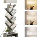 Evermagin 6 Tier Tree Bookshelf with Light, Narrow Bookcase Tower, Tall Floor Standing Book Shelf Organizer with Storage Cabinet for Living Room, Bedroom and Home Office, Gray