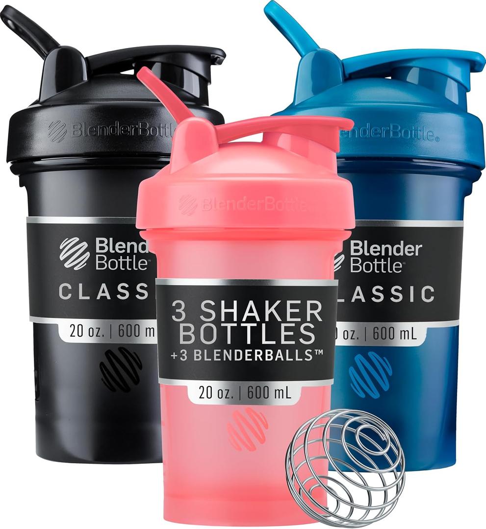 BlenderBottle Classic V2 Shaker Bottle Perfect for Protein Shakes and Pre Workout, 20-Ounce (3 Pack), Black, Navy, Pink