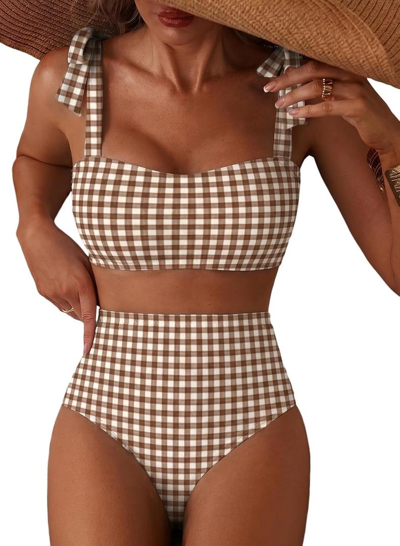 Herseas Women's Tie Shoulder Bikini Sets 2 Piece Striped Swimsuits High Waisted Bathing Suits, Medium