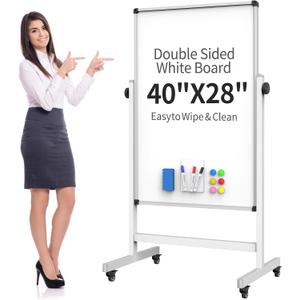 40x28 Inches Mobile Whiteboard, Double Sided Magnetic Dry Erase Board Height Adjustable Whiteboard with Stand for Home Office Classroom