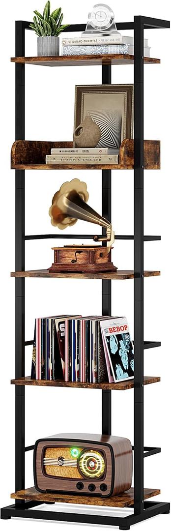Hosfais Book Shelf Narrow Bookshelf: 5 Tier Wood Bookcase with Metal Edge Protection Industrial Modern Bookshelf Book Storage Organizer for Living Room Bedroom Home Office (Rustic Brown)