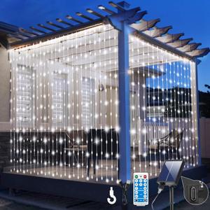 300LED Solar Curtain Lights Waterproof, 10 * 10FT Upgraded Twinkle String Fairy Light Remote Control 8 Mode Dimmable Solar Hanging Waterfall Lights with USB Rechargeable for Outdoor Gazebo Patio Xmas (Cool Whtie)