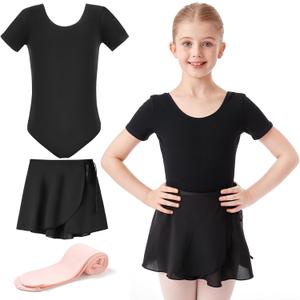 HiDance Ballet Leotards with Dance Skirt and Ballet Tights for Girls Toddler Dance Dress Outfit Combo (5-6 Years, 01-black)