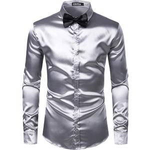 ZEROYAA Men's Luxury Shiny Silk Like Satin Button Up Dress Shirts (Silver, XL)