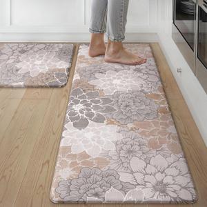GENIMO Kitchen Mats for Floor, Kitchen Rugs Non Slip Washable Sets of 2, Waterproof Cushioned Anti Fatigue Mat, Floral Runner Rug for Laundry, Sink, Office, Home, 17.3"x47"+17.3"x30", Taupe Grey