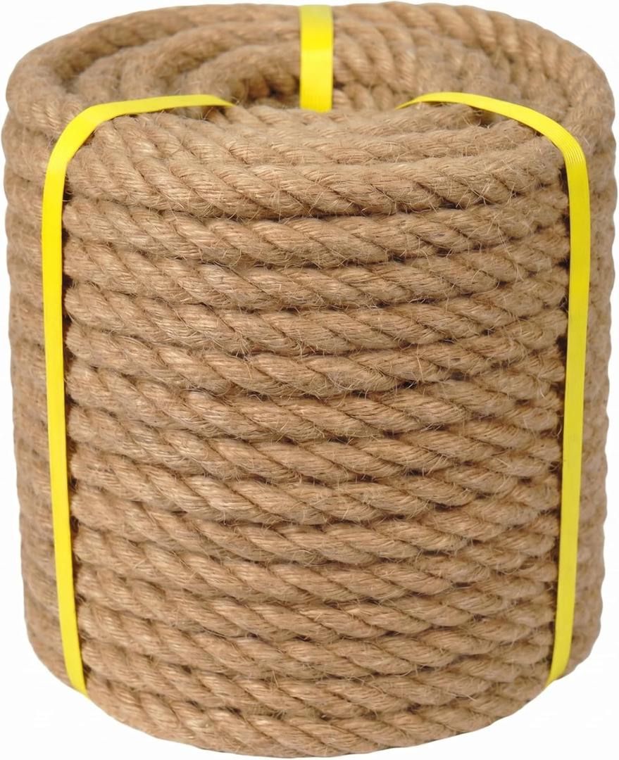 Natural Jute Rope - 1/2 Inch x 100 Feet - Thick Hemp Rope for DIY Crafts, Cat Scratching Posts, Hammock, Gardening, Decoration