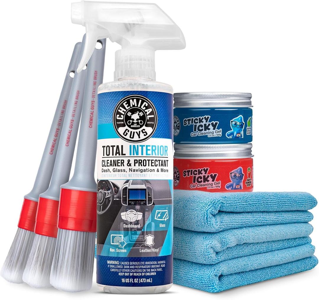 Chemical Guys Car Cleaning Kit Interior 9-Piece - Total Interior Cleaner, Sticky Icky Green Apple & Strawberry Detailing Gel, 3 Detailing Brushes, 3 Towels, Safe for Cars, Trucks, SUVs & More