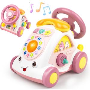 Love&Mini Baby Musical Toys for Girls - Crawling Steering Wheel Toys with Car, Telephone, Lights & Sounds - Multi-Functional Educational Gifts for 1+ Year Old Girls Birthday Xmas